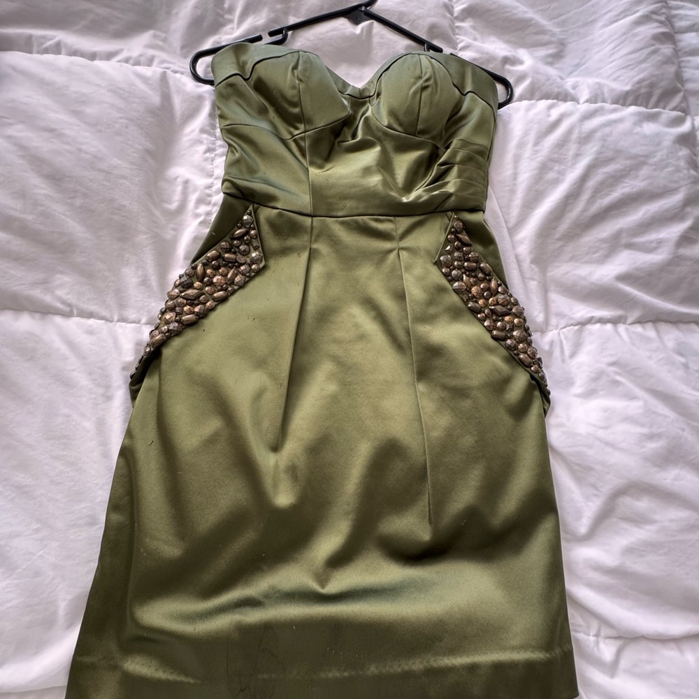bebe Strapless Olive Dress with Embellishments